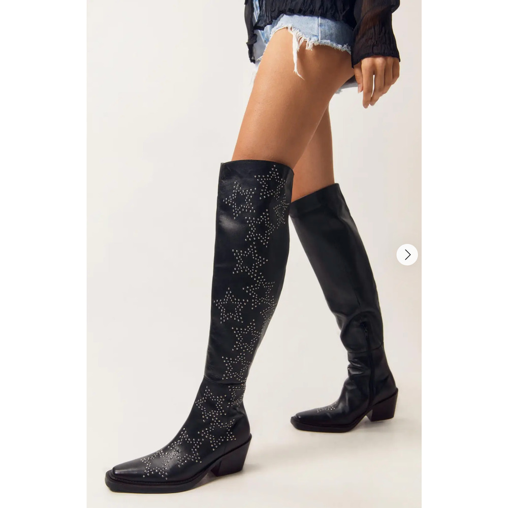 NEW NASTY GAL BLACK LEATHER STAR STUDDED OVER THE KNEE COWBOY BOOTS SZ 38 US 7 - Picture 6 of 8